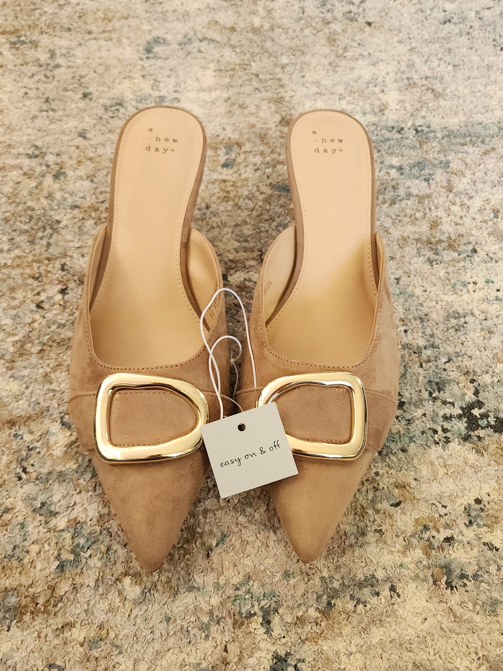 a new day Tan Pointed Suede Kitten Heel Mule with Gold Buckle 11